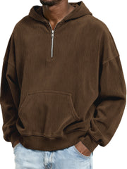 Corduroy Ribbed Stylish Quarter Zip Pullover Sweatshirt with Kangaroo Pocket