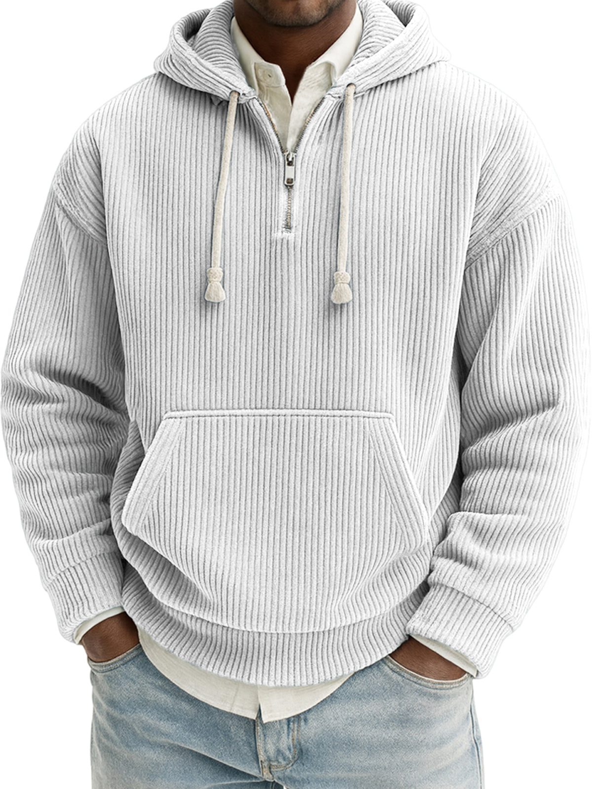 Men's Stylish Quarter-zip Corduroy Ribbed Casual Pullover Hooded Sweatshirt