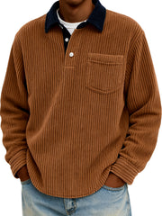 Men's Stylish Corduroy Color-Block Polo Shirt Pullover with Chest Pocket