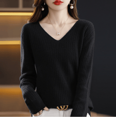 Women's V-Neck Pullover Long Sleeve Solid Color Cashmere Sweater