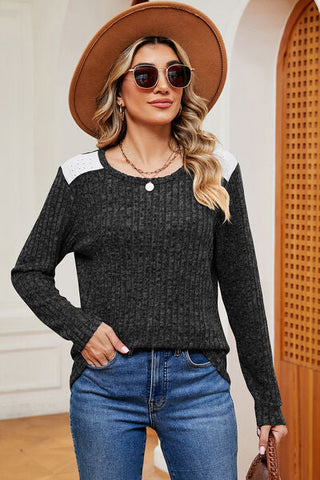 Women's Eyelet Ribbed Round Neck Long Sleeve T-Shirt