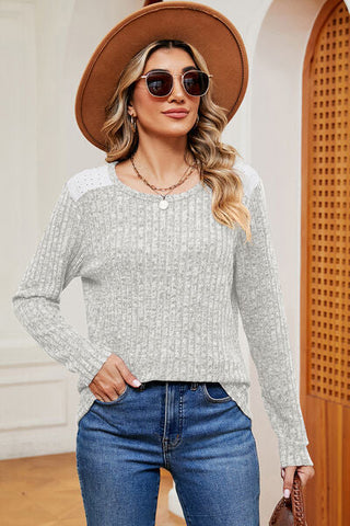 Women's Eyelet Ribbed Round Neck Long Sleeve T-Shirt