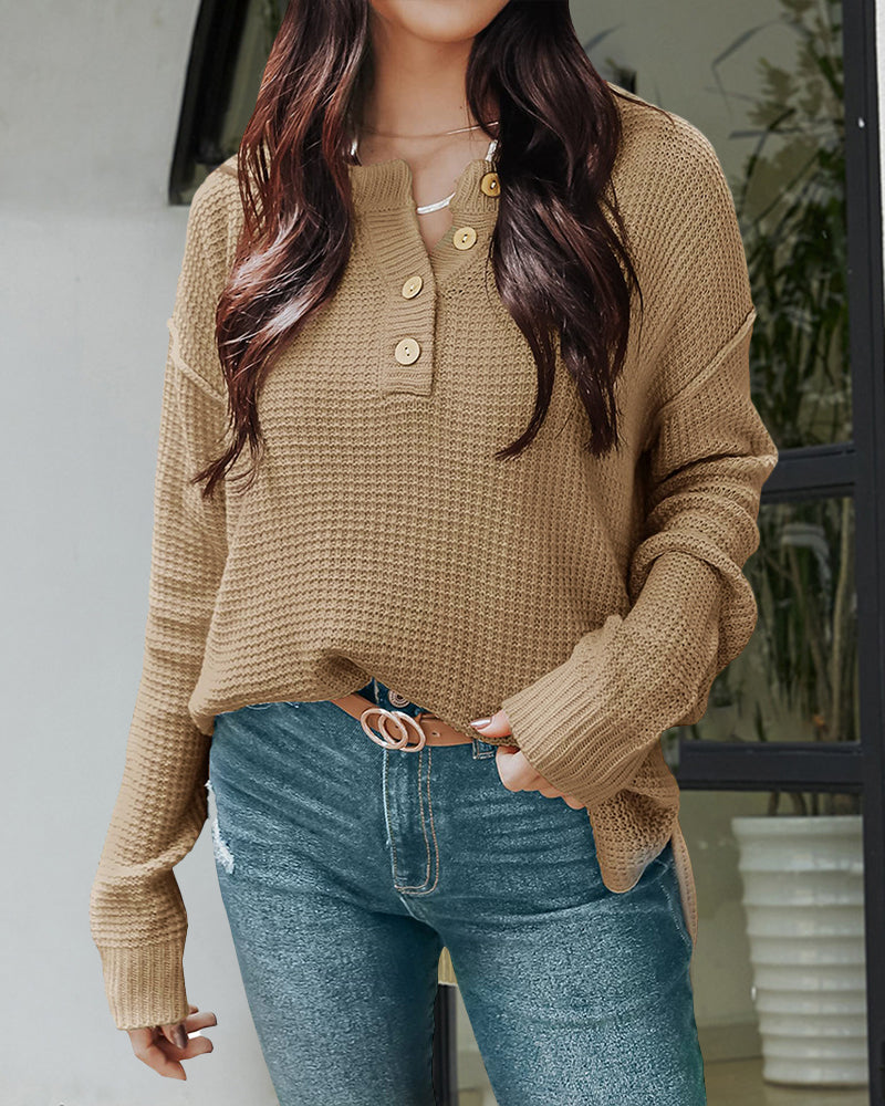 Women's Waffle Knit Long Sleeve Side Slit Button Pullover Jumper Sweater