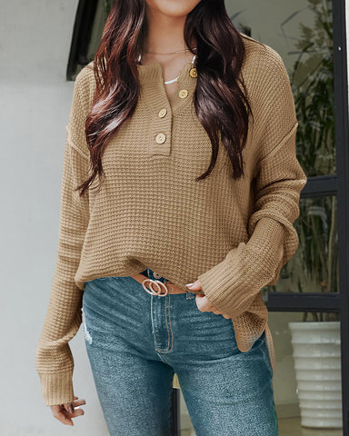 Women's Waffle Knit Long Sleeve Side Slit Button Pullover Jumper Sweater
