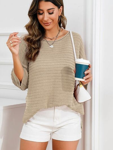 Women's Rolled Round Neck Dropped Shoulder Slit Sweater