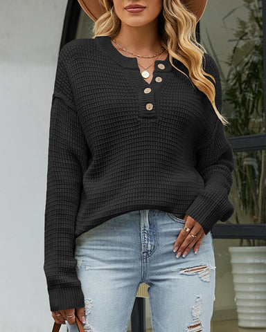 Women's Waffle Knit Long Sleeve Side Slit Button Pullover Jumper Sweater