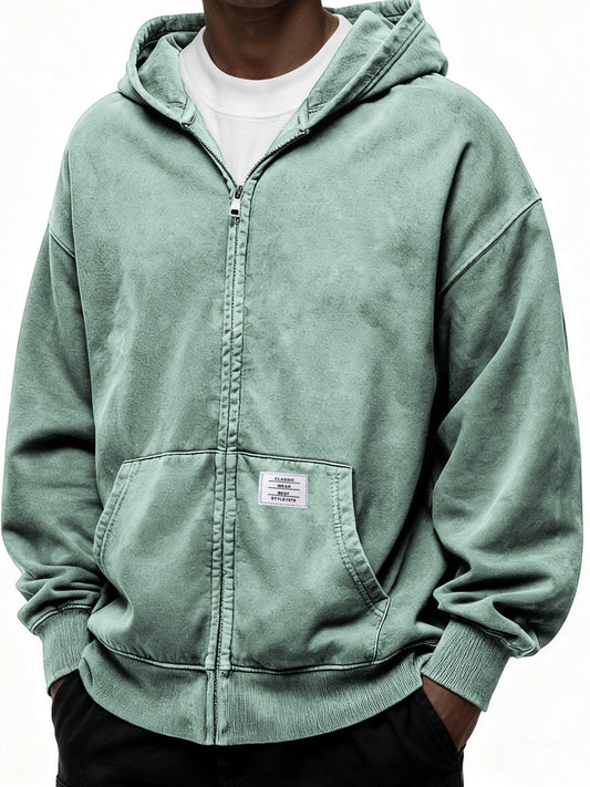 Heavyweight Hooded Full-zip Cardigan Sweatshirt with Kangaroo Pocket and Label