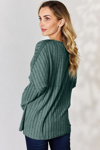 Women's Basic Bae Full Size Ribbed Half Button Long Sleeve T-Shirt