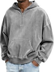 Corduroy Ribbed Stylish Quarter Zip Pullover Sweatshirt with Kangaroo Pocket