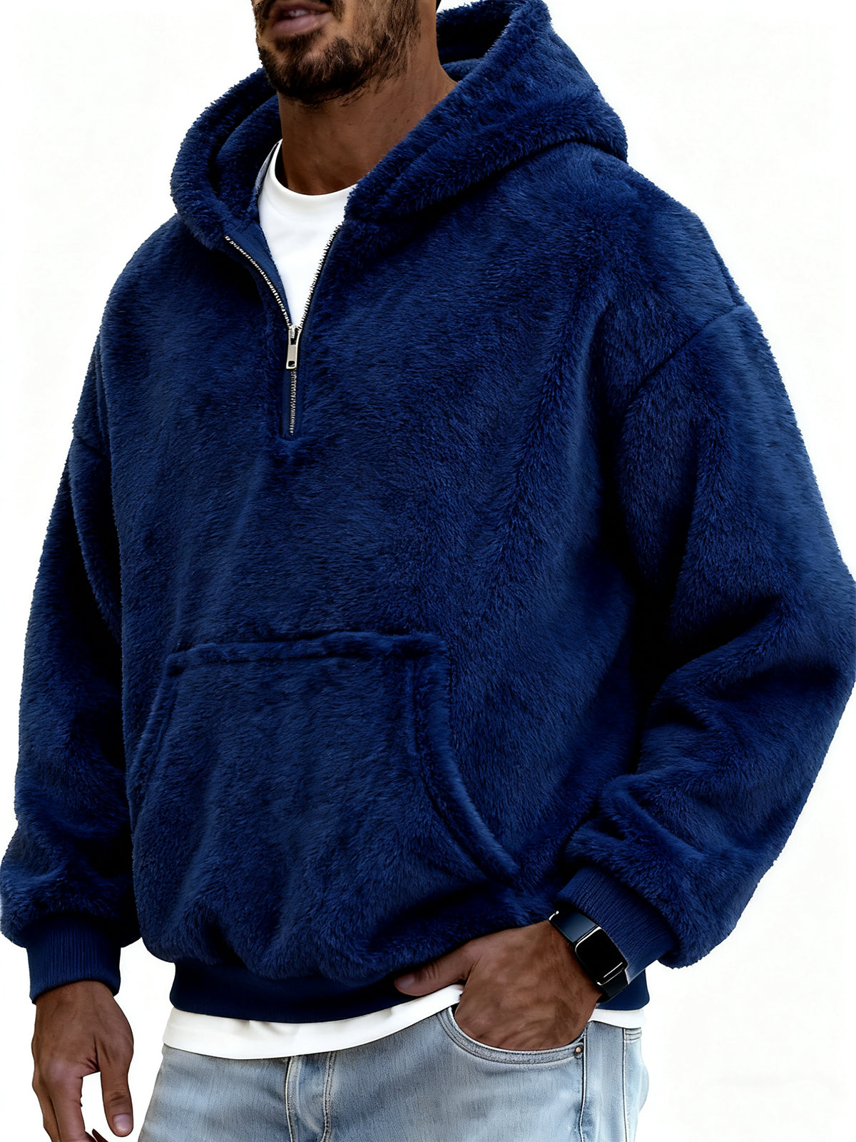 Men's Stylish Coral Fleece Hooded Sweatshirt with Kangaroo Pockets and A Quarter Zip