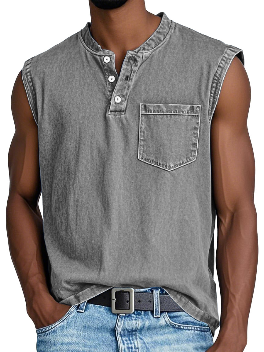 Men's Casual Retro Solid Color Simple Pocket Sleeveless Henley Shirt