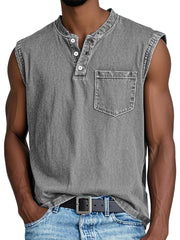 Men's Casual Retro Solid Color Simple Pocket Sleeveless Henley Shirt