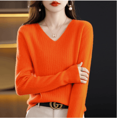 Women's V-Neck Pullover Long Sleeve Solid Color Cashmere Sweater