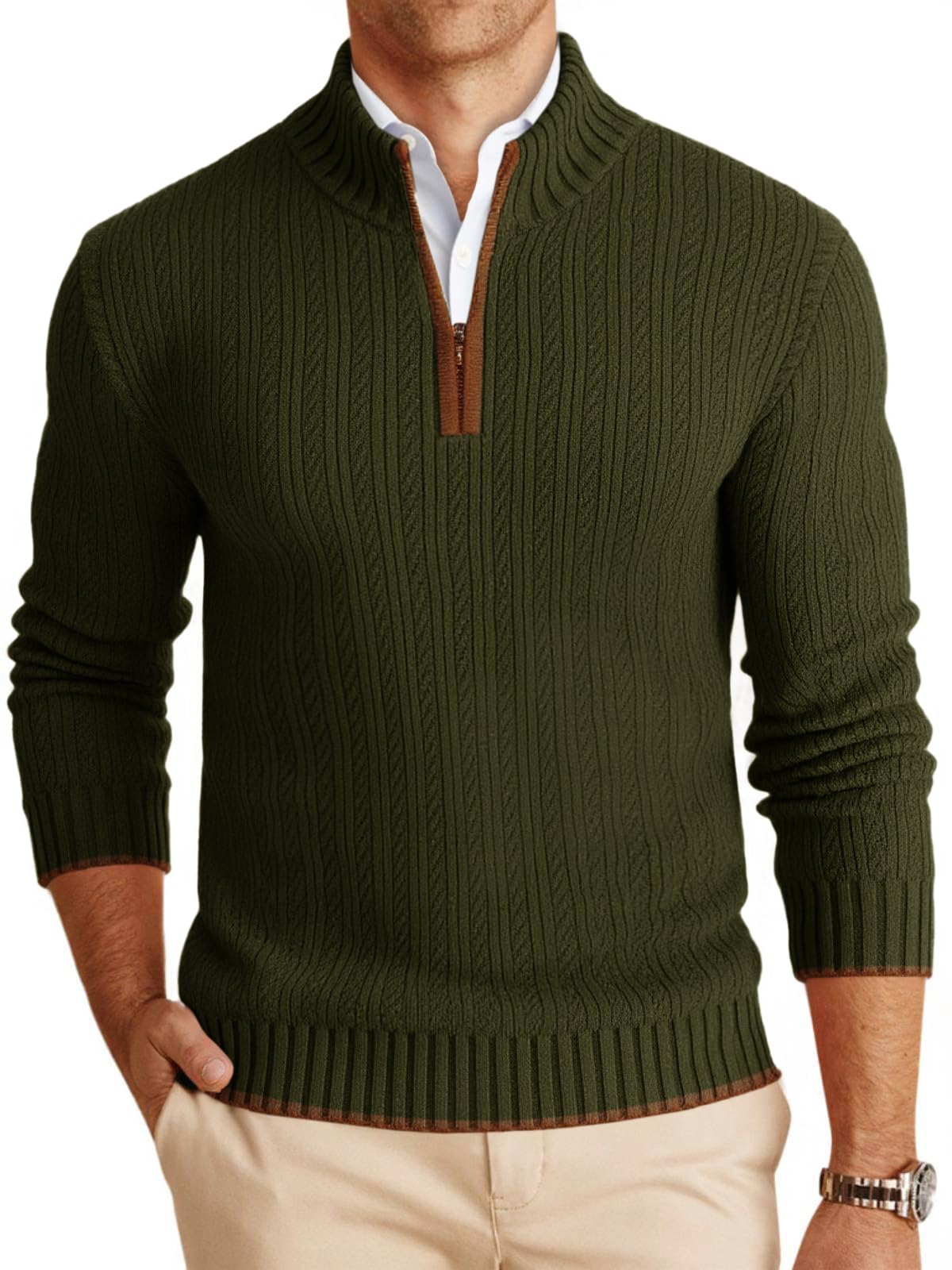 Mens Quarter-Zip Pullover Sweater Casual Mock Neck Knitted Winter Warm Ribbed Polo Sweater