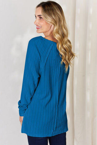 Women's Basic Bae Full Size Ribbed Round Neck Slit T-Shirt