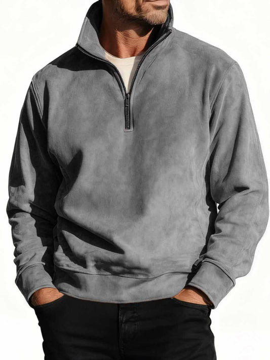Men's Stylish Casual Suede Fabric Stand-up Collar Half-zip Long-sleeved Sweatshirt 