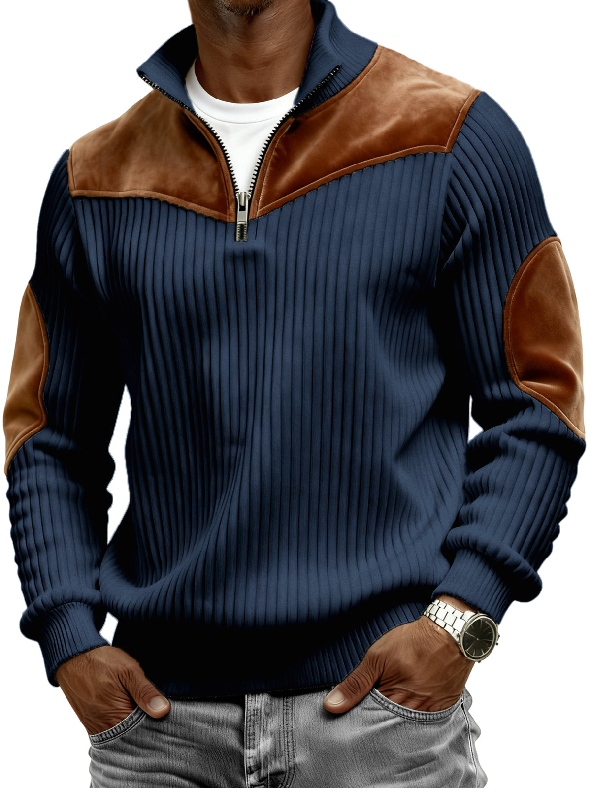 Men's Vintage Wide-ribbed Quarter-zip Suede Stitching Pullover