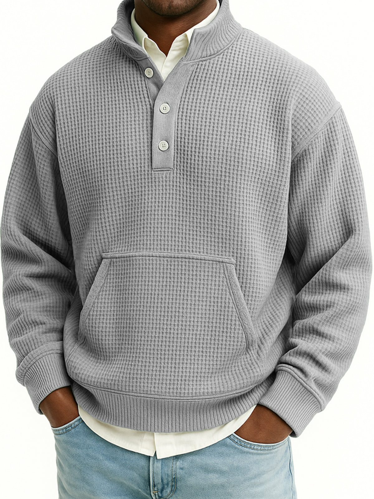 Men's Waffle Quarter Zip Stand Collar Sweatshirt with Kangaroo Pockets