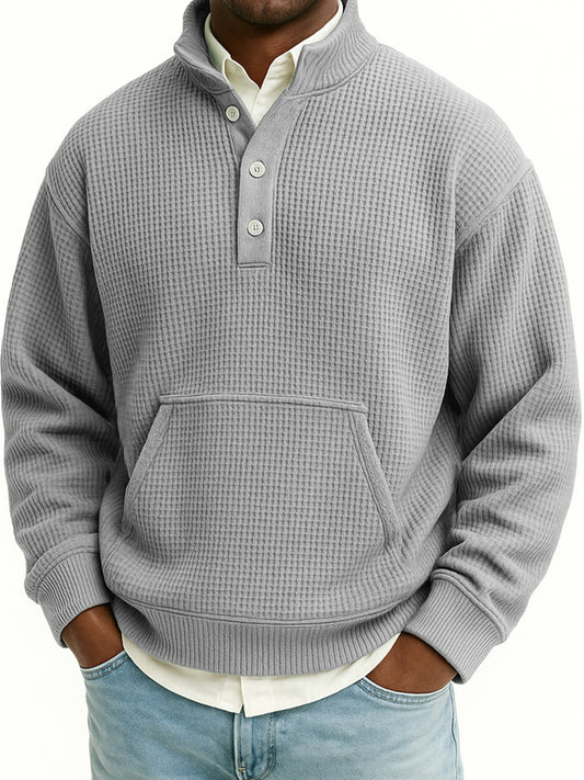 Men's Waffle Quarter Zip Stand Collar Sweatshirt with Kangaroo Pockets