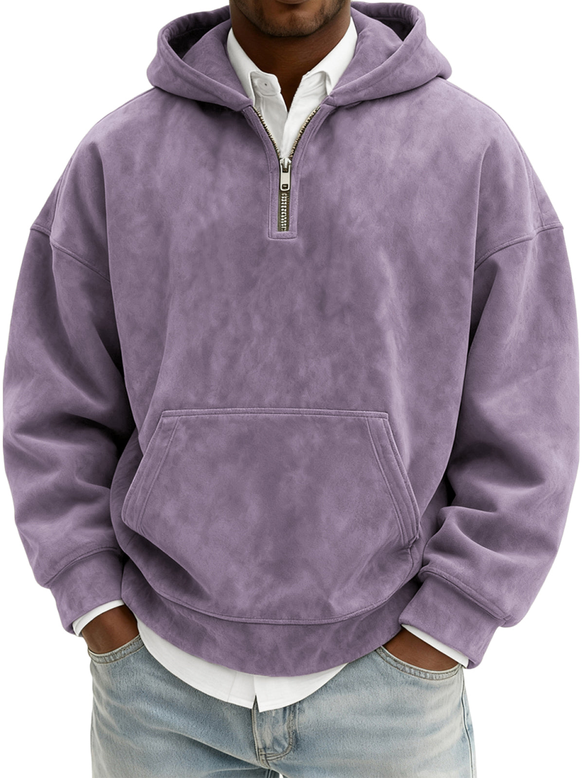 Men's Vintage Suede Quarter-Zip Hooded Sweatshirt with Kangaroo Pocket