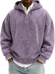 Men's Vintage Suede Quarter-Zip Hooded Sweatshirt with Kangaroo Pocket