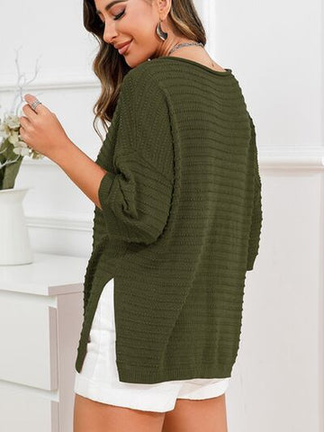 Women's Rolled Round Neck Dropped Shoulder Slit Sweater