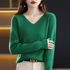 Women's V-Neck Pullover Long Sleeve Solid Color Cashmere Sweater