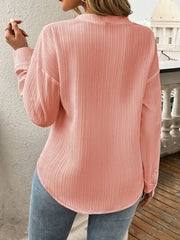 Devine Pocketed Notched Long Sleeve Blouse
