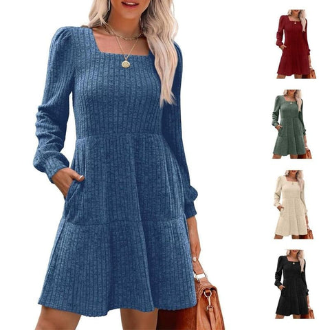 🔥Women's Square Neck Long Sleeve Fall Dresses Casual Babydoll Sweater Dress
