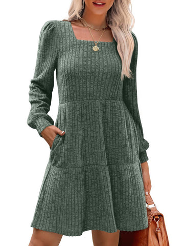 🔥Women's Square Neck Long Sleeve Fall Dresses Casual Babydoll Sweater Dress