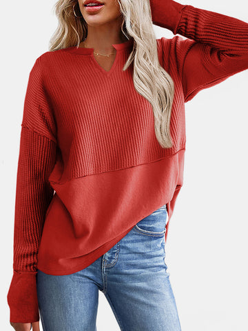 Women's Waffle-Knit Notched Long Sleeve T-Shirt