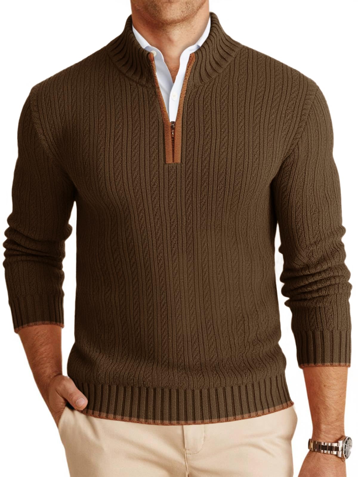Mens Quarter-Zip Pullover Sweater Casual Mock Neck Knitted Winter Warm Ribbed Polo Sweater