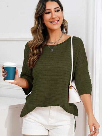 Women's Rolled Round Neck Dropped Shoulder Slit Sweater