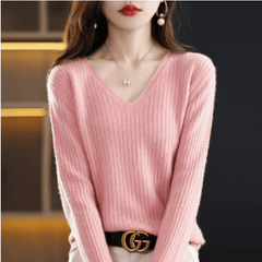 Women's V-Neck Pullover Long Sleeve Solid Color Cashmere Sweater