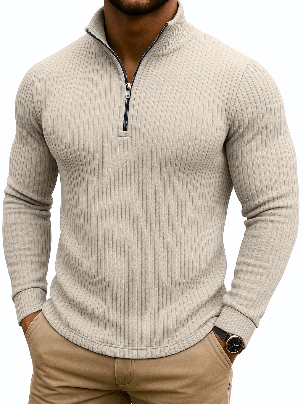 Men's Retro Casual Solid Color Striped Stand-up Collar Quarter-Zip Sweatshirt