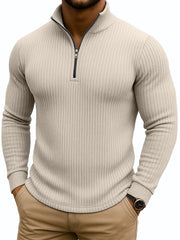 Men's Retro Casual Solid Color Striped Stand-up Collar Quarter-Zip Sweatshirt