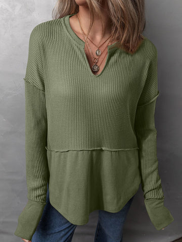 Women's Waffle-Knit Notched Long Sleeve T-Shirt