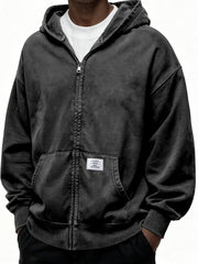 Heavyweight Hooded Full-zip Cardigan Sweatshirt with Kangaroo Pocket and Label