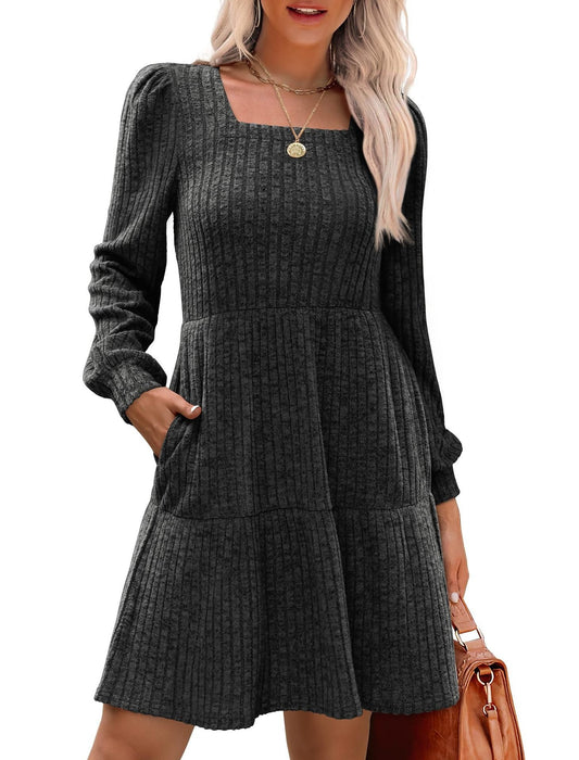 🔥Women's Square Neck Long Sleeve Fall Dresses Casual Babydoll Sweater Dress