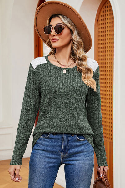 Women's Eyelet Ribbed Round Neck Long Sleeve T-Shirt