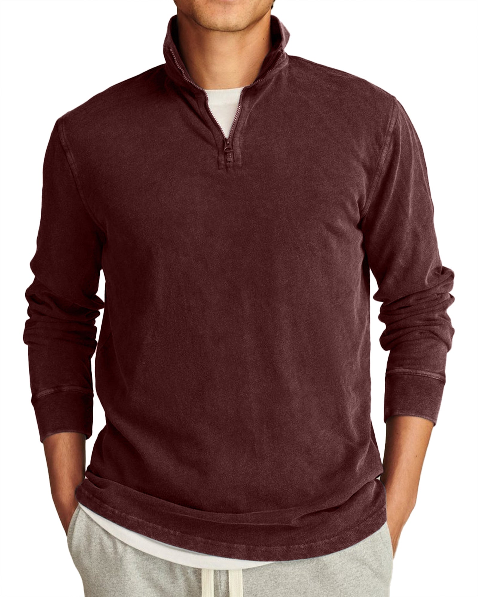 Men's Retro Casual Stand Collar Half-Zip Solid Color Long Sleeve T-Shirt