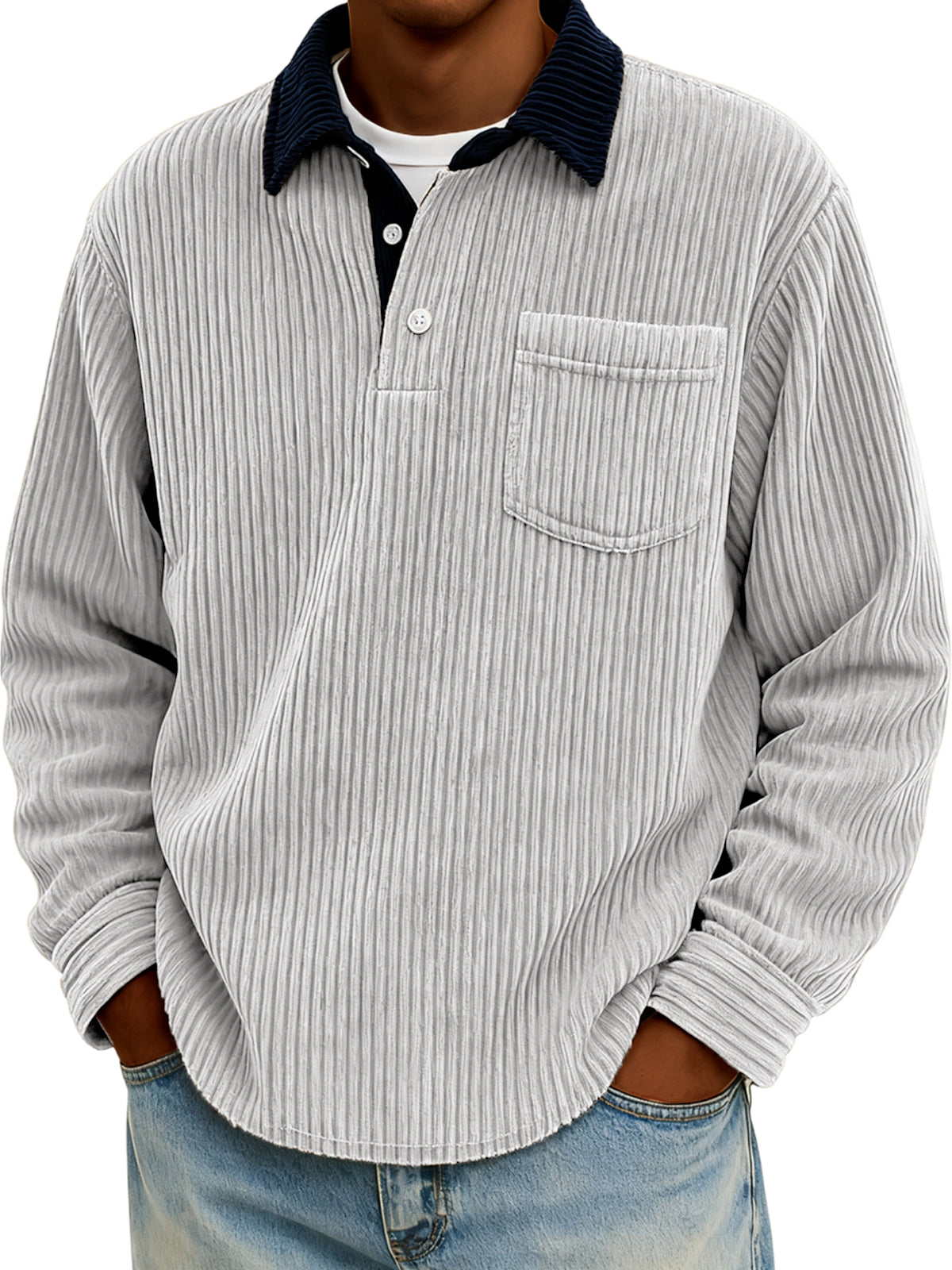 Men's Stylish Corduroy Color-Block Polo Shirt Pullover with Chest Pocket