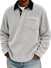 Men's Stylish Corduroy Color-Block Polo Shirt Pullover with Chest Pocket