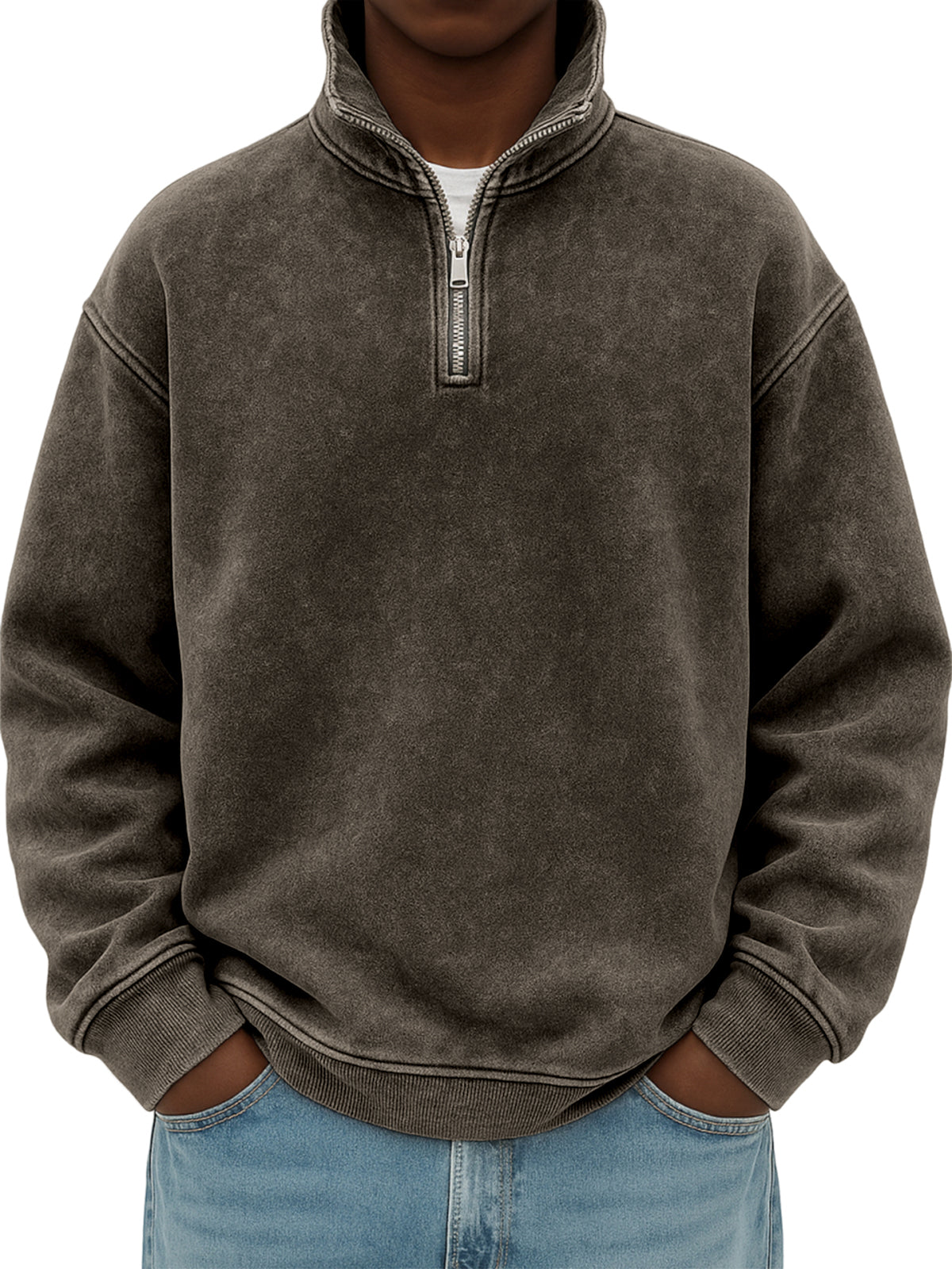 Men's Stylish Quarter-zip Distressed Stand Collar Basic Pullover