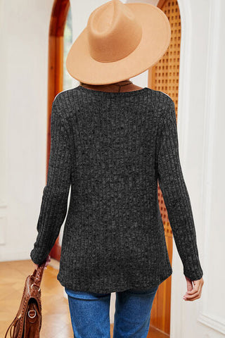 Women's Eyelet Ribbed Round Neck Long Sleeve T-Shirt