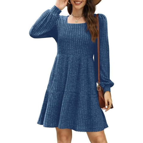 🔥Women's Square Neck Long Sleeve Fall Dresses Casual Babydoll Sweater Dress