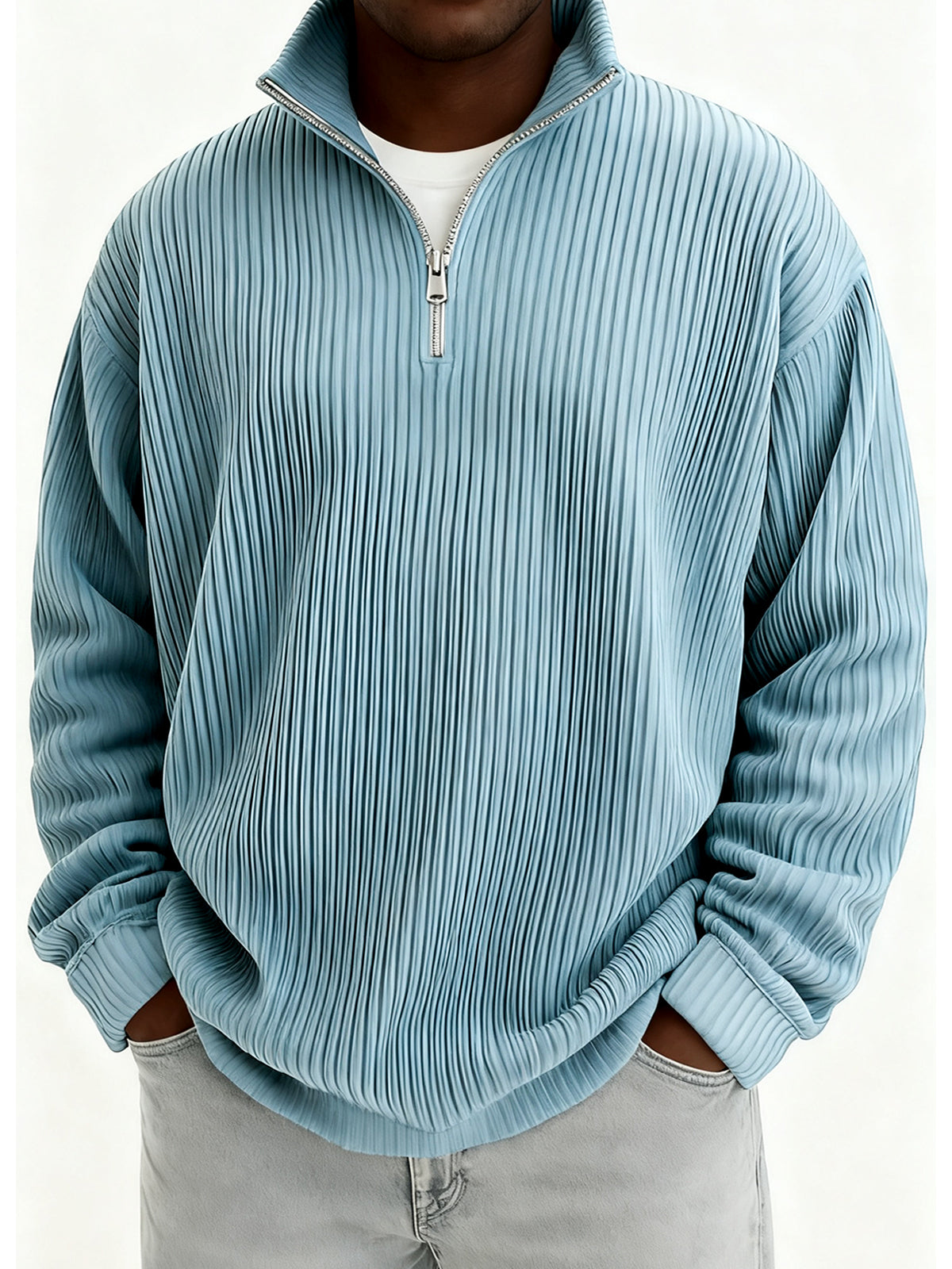 Men's Quarter-Zip Stylish Pleated Ribbed Pullover