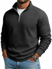 Men's Casual Solid Color Large Waffle Quarter Zip Stand Collar Sweatshirt