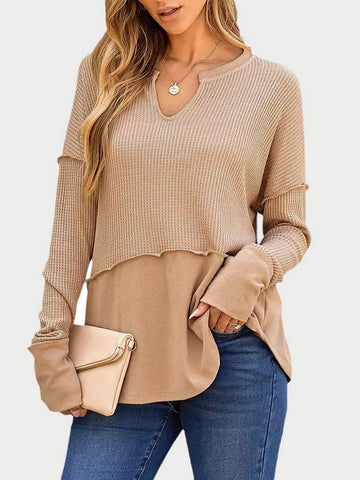 Women's Waffle-Knit Notched Long Sleeve T-Shirt