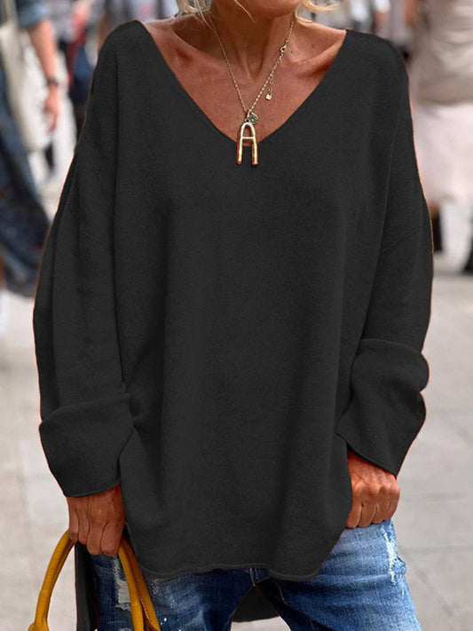 Crew Neck Fuzzy Solid Casual Long Sleeve Women Knitted Shirt